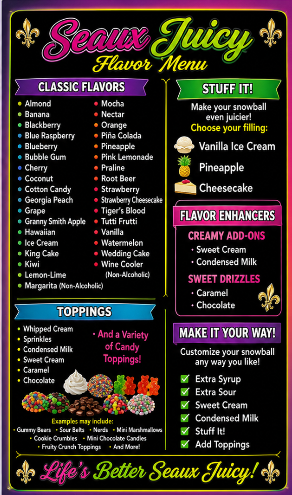 Seaux Juicy Official Flavor Menu